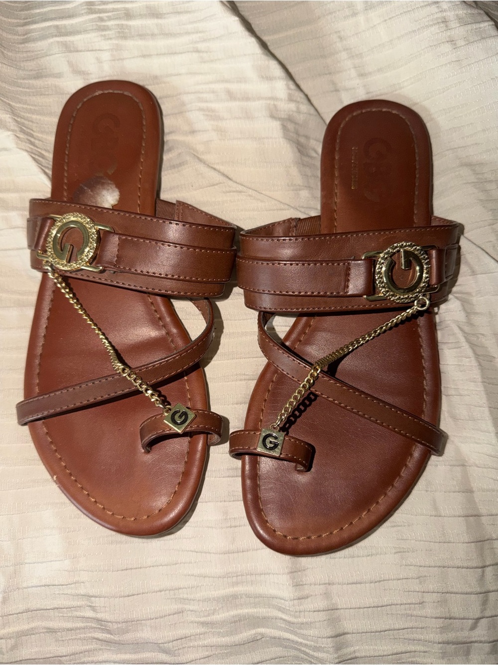 Women's Brown Leather Chain-Accent Slide Sandals